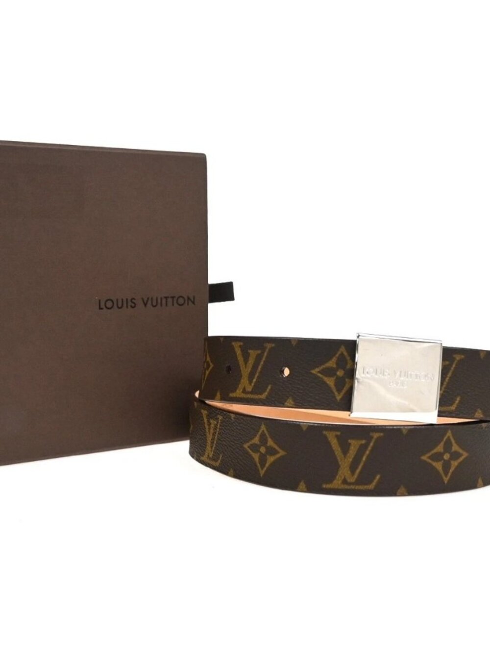 LOUIS VUITTON Santure Carre Belt Monogram Leather Brown SHW France - Picture 1 of 15